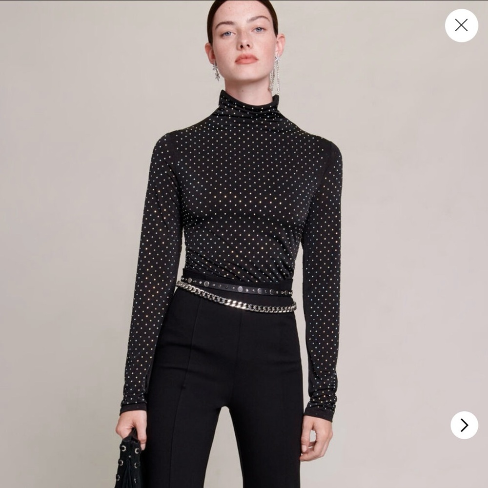 Maje Sparkly Black Stretch Turtleneck with Crystals